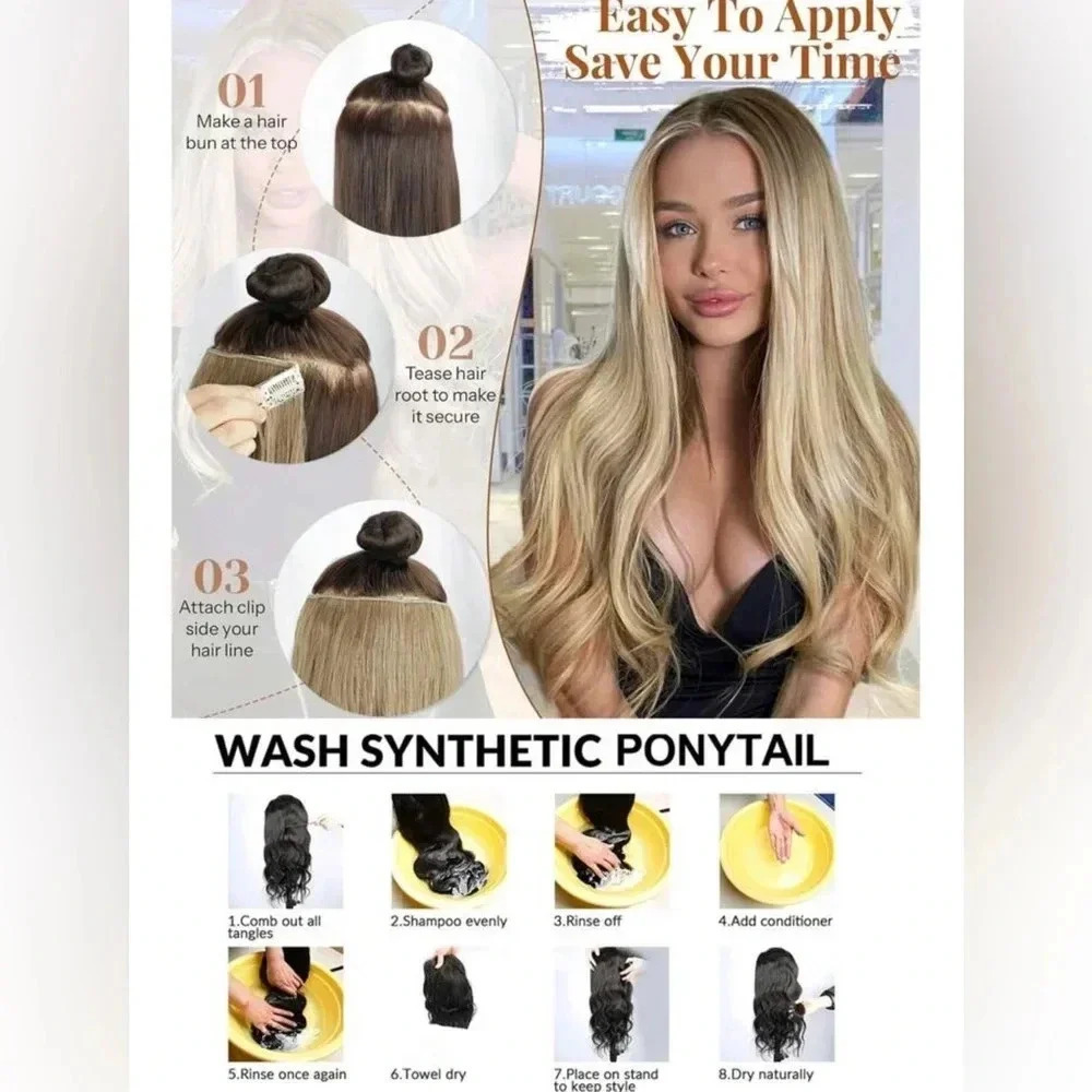 20 Inch Clip in Medium Dark Blonde Hair extensions wavy 4 thick pieces - Picture 5 of 10